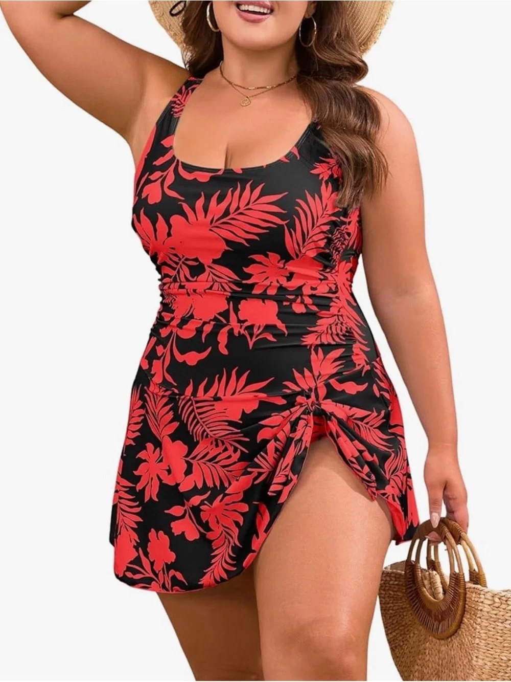 Plus Size Black and Coral Swim Dress with Tropical Print